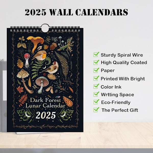 Mörk Skog Månekalender 2025, Illustrerad Väggkalender för Planering (02) 2
