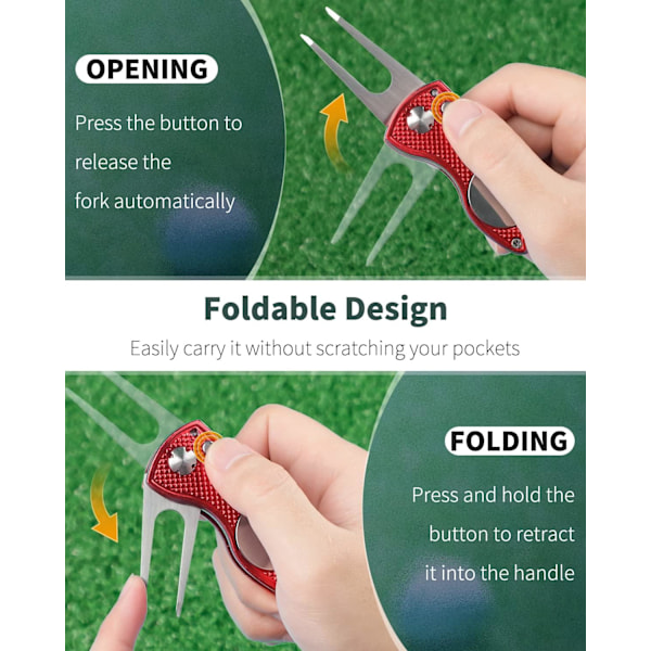 Golf Divot Reparationsværktøj - Foldbart Metal Green Værktøj med Magnetisk Boldmarkør (2-6 Pak) Red