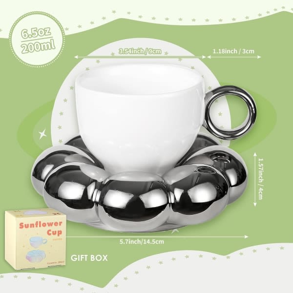 CQBB Keramisk set med sked, kreativ söt kopp med solrosmolnunderlägg, 6,5 oz för te latte (galvaniserad vit och silver)