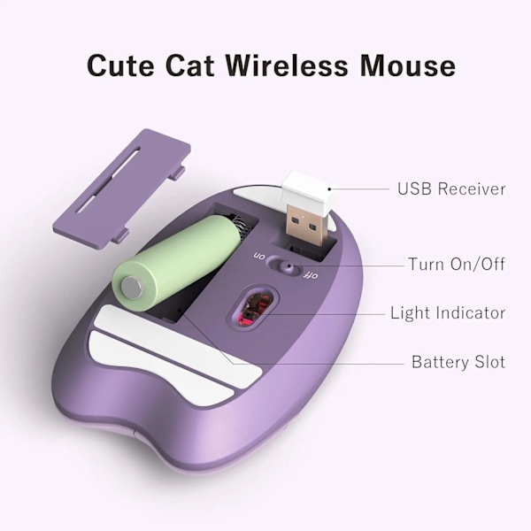 Mofii sød kat 2.4G trådløs mus, USB-modtager plug and play, 3 justerbar DPI, kompatibel med bærbar computer, PC, computer M3 Lilla farve