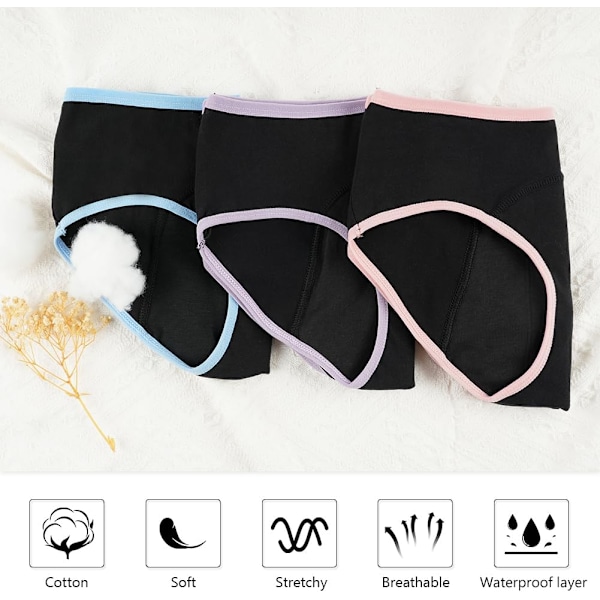 Tjejperiodstrumpor, 3-pack Menstruationsunderkläder, Andningsbara Bomullsunderkläder, Läckagesäkra Skyddande Underkläder, Bomullsunderkläder (10-16 år)