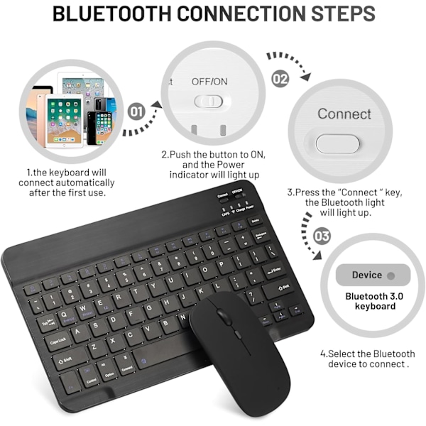 Ultratunt Bluetooth-tastatur, bærbart, trådløst minitastatur, oppladbar for iPad-nettbrett (10 tommer, svart)