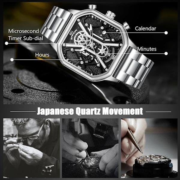 Herrar Business Rostfritt Stål Klocka Luminous Analog Armbandsur Multifunktionell Chronograf Klocka Mode Kvadratisk Klocka Svart Silver C Black silver C