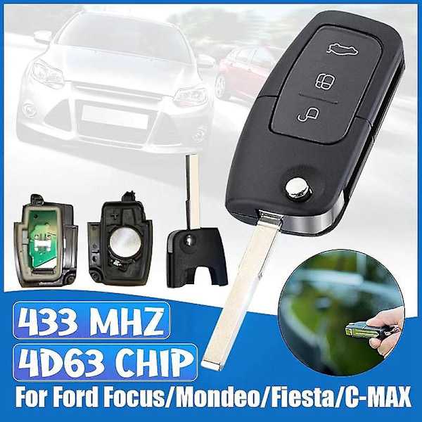 3 knapper foldbar fjernbetjening nøgle 433MHz 4D63 80Bit til Focus Mondeo Fiesta Galaxy FOB-etui {DB} Sort Black