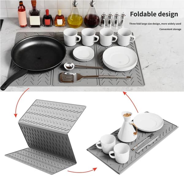 Rektangulær vaskemåtte - Silikone drænmåtte til bordplader - Stor foldbar tredobbelt drænmåtte - Tørremåtte med kroge - Grå - 60x40 tommer