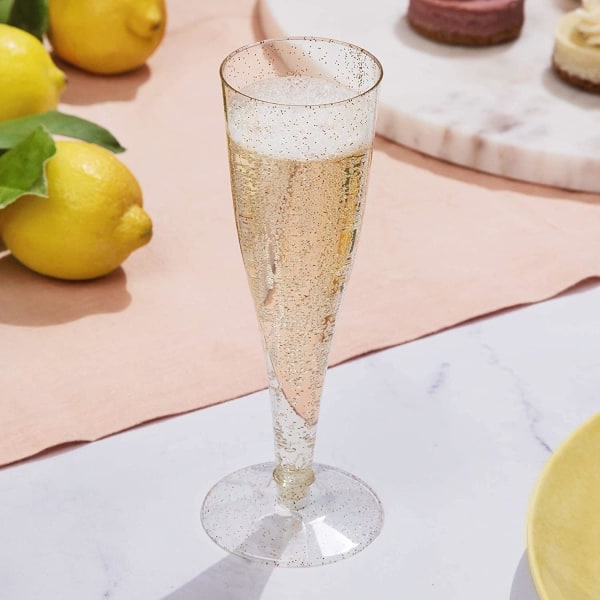 CQBB 30 Plast Champagne Flutes Disponibel | Guld Glitter Plast
