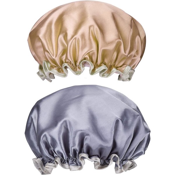 2-pack cap Återanvändbar dubbellager vattenhatt dusch vattentäta elastiska mössor för dam spasalong (guld+grå)