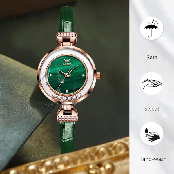 Elegant Diamant Ur Dames Armbåndsur Analog Kvarts Ur Vandafvisende Smaragd Ur Mode Kjole Ur med Læderrem GRØN Green