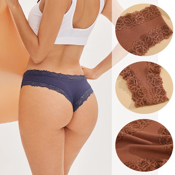 3st/sett Bomull brasilianske undertøy for kvinner Sexy blonder ribbet blomstertangatruser Kvinnelig pustende Solid T-back Bikini S- SET 4 XL