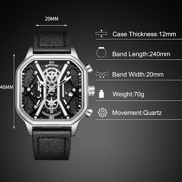 Herrar Business Rostfritt Stål Klocka Luminous Analog Armbandsur Multifunktionell Chronograf Klocka Mode Kvadratisk Klocka Svart Silver A Black silver A