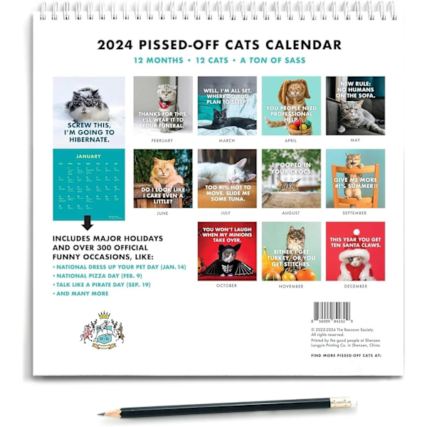 Arg Cat Kalender 2024, Kreativ Väggkalender för Kattälskare (2 st) 2 pcs