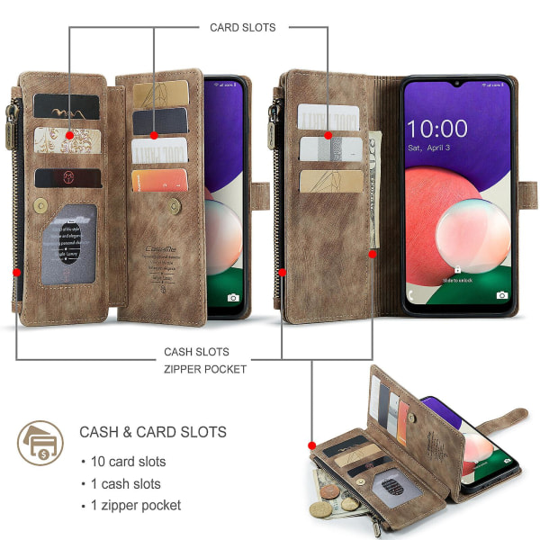 SQBB Etui til Samsung Galaxy A22 5g Cover Pung Holdbar Pu-læder Magnetisk Flip Lynlås Kortholder - Brun Brun ingen