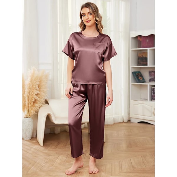 Kvinde Silke Pyjamas Kort Ærme Søvntøj Blød Satin Loungewear Rund Hals T-Shirts Om Bukser 2 Stykker Sæt Beige L