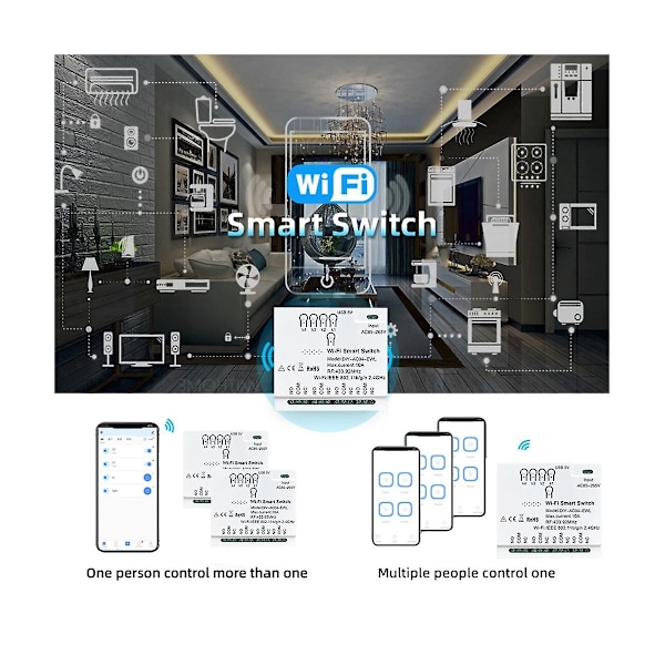 4-kanals WiFi Smart Switch + RF433 Fjärrkontroll 85-265V 2.4G WiFi Smartlife Hemmaautomation Modul för IFTTT Alexa