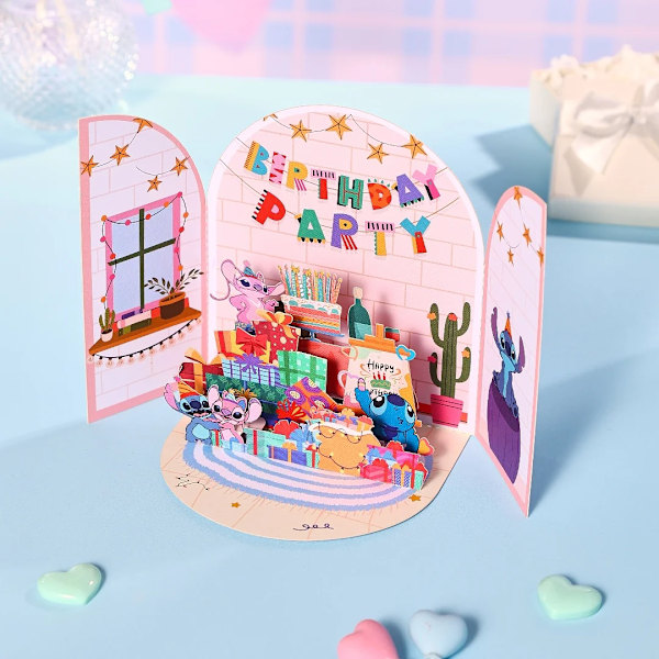Stitch feirer bursdag gratulasjonskort kreativ dobbeltdør pop up 3D-kort Boojiboo & Angel bursdagskort bursdagsgaver CWH-066