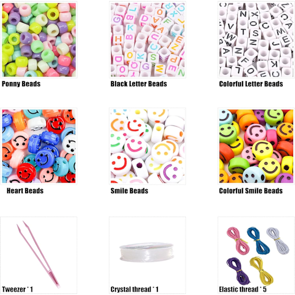 1000PCS Armbåndssett, Vennskapssmykke Halskjede Armbåndssett 24 Farger 9mm Pony Perler for Armbåndssmykkeperler, Bokstavsperle for Smykkefremstilling