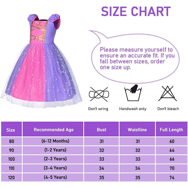 Rapunzel Prinsessklänningsset med Trollstav & Tiara, Flickors Maskeradklänning för Fester, Halloween 90 cm