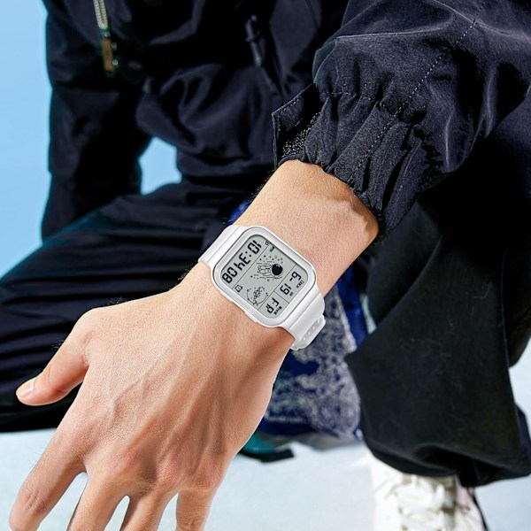 Herrar Kvadratiska Klockor Multifunktionell Elektronisk Armbandsur 50m Vattentät Klocka Fritids Digital Klocka för Män med Gummiband Vit White