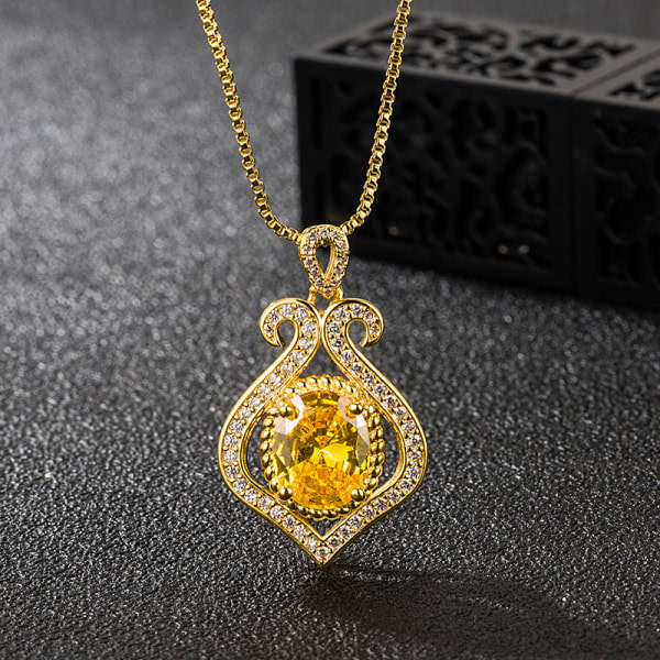 Koreansk stil Guldpläterad lyxhalsband massiv diamant citrin hjärtform hänge imitation naturfärgade ädelstenar hänge Choker Golden Box kedja