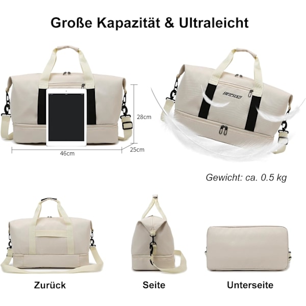 Unisex Sportsbag for Reiser med Sko- og Våtrom, Stor, Vanntett - Beige F – beige