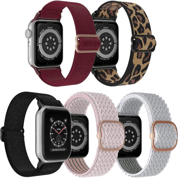 SQBB [5-pak] Elastisk urrem kompatibel med Apple Watch 38 mm 40 mm 42 mm 41 mm 44 mm 45 mm Kvinder Blødt smalt bånd Justerbar flettet sportsrem