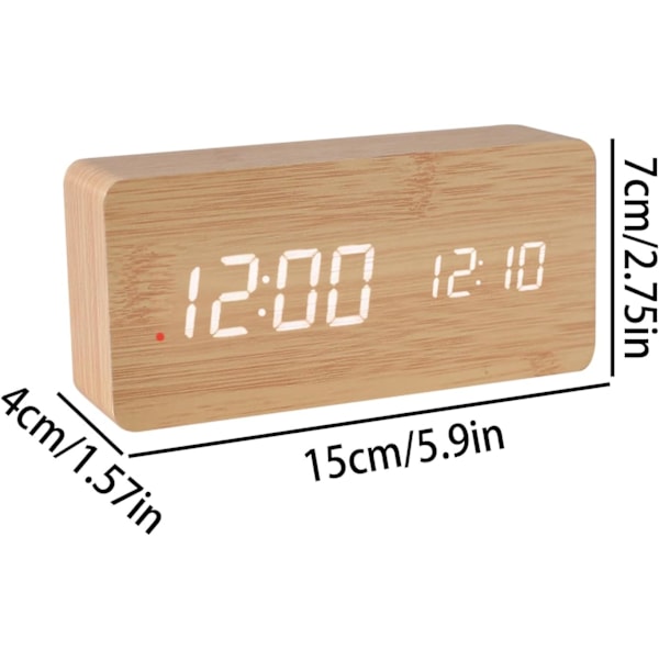 Snygg Träväggklocka med Smart Alarm, LED-Display, Justerbar Ljusstyrka för Sovrum bamboo color