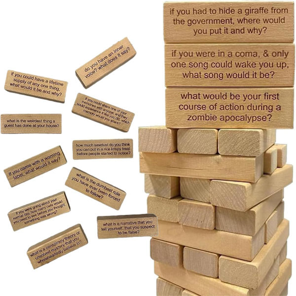Icebreaker Questions - Tumbling Tower -peli, 54 osaa rakennuspeliä juhliin (pieni) Small