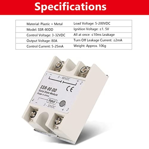 SSR-80DD 3-32VDC till 5-60VDC 80A udgang DC-AC Solid State Relæ SSR-modul til industriel automatiseringsproces (1 stk) 1Pc