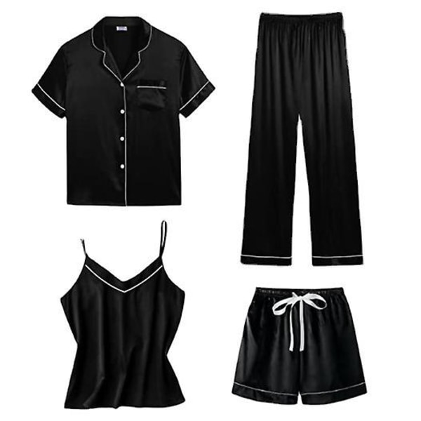 Dame 4-delt pyjamassæt, silke satin natkjole sexet cami Sort Black XL