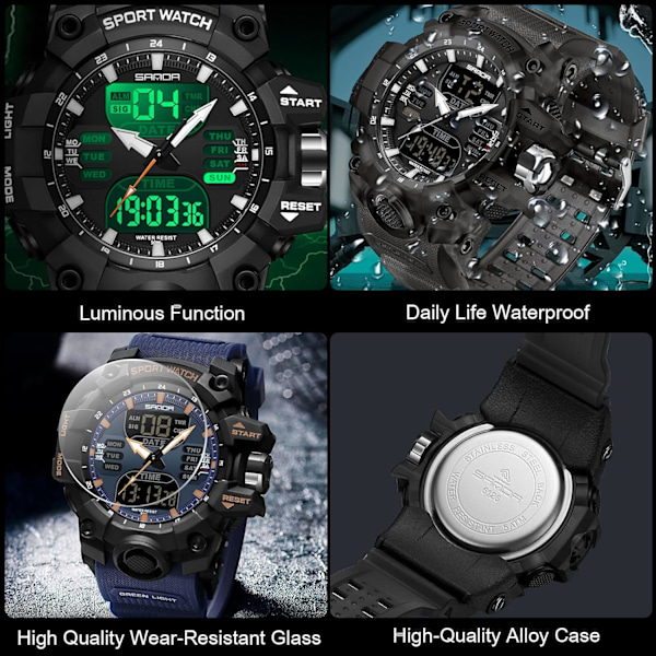 Mænds Mode Sports Armbåndsur Multifunktionelt Elektronisk Ur Digitalt Kvartsur Dobbelt Display Ur til Dreng 50m Vandafvisende Sort B Black B