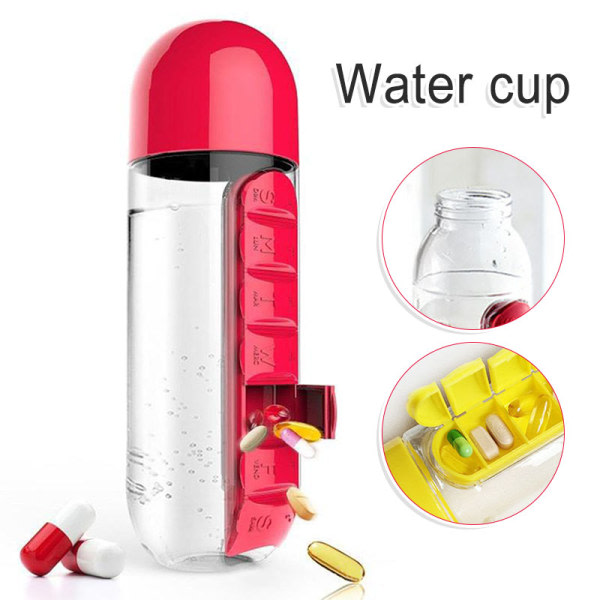 Fri resefri 7-dagars pillerkopp 2-i-1 vattenflaska 600ml med pillerbox arrangör reseanvändning svart