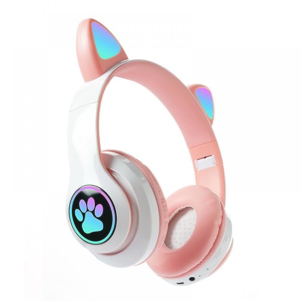 SQBB Cat Ear-spelhörlurar, hifi-ljud med Bluetooth 5.0 och hopfällbar design, utrustad med mikrofon, lämplig för spel och sport (rosa-vit)