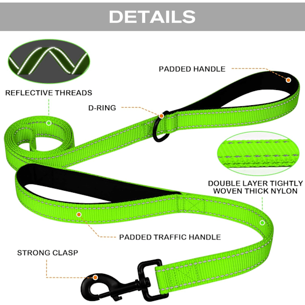 Solid Hundeleie med Dobbelt Håndtak, Refleks for Trafikkontroll, 1,5 Meter, Grønn Green 5 ft 2 Handle