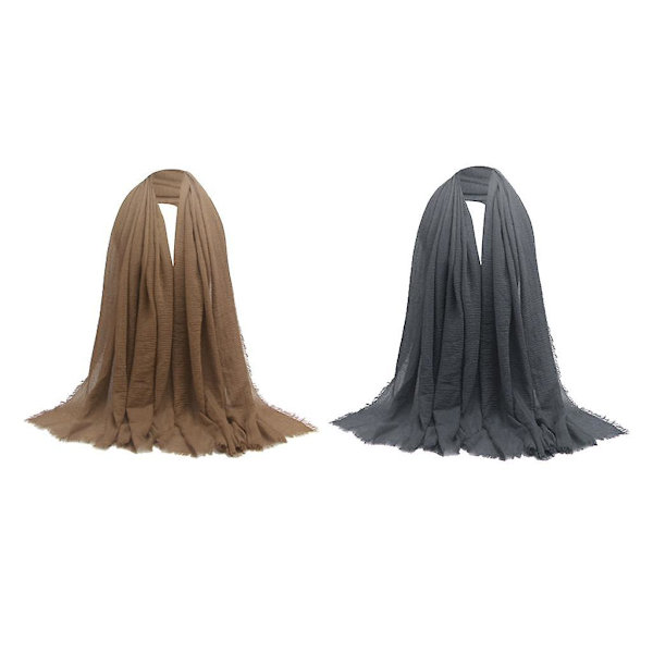 Skrynklade sjalar för kvinnor - Skrynklade muslimska hijab-halsdukar - Långa omslagssjalar - Grå+brun