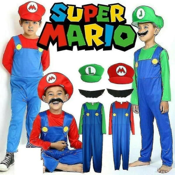 Super Mario Kostym Barn Pojke Flicka Cosplay Fancy Dress Up Festkläder CNMR Gröna tjejer 5-6 år Röda pojkar 7-8 år