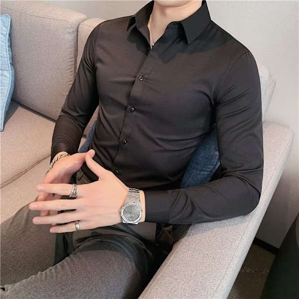 Mäns Tröja Lång Ärm Sommar Slim Fit Stretch Business 2023 Nya Mäns Kostym Skjorta Black Long Sleeve XL