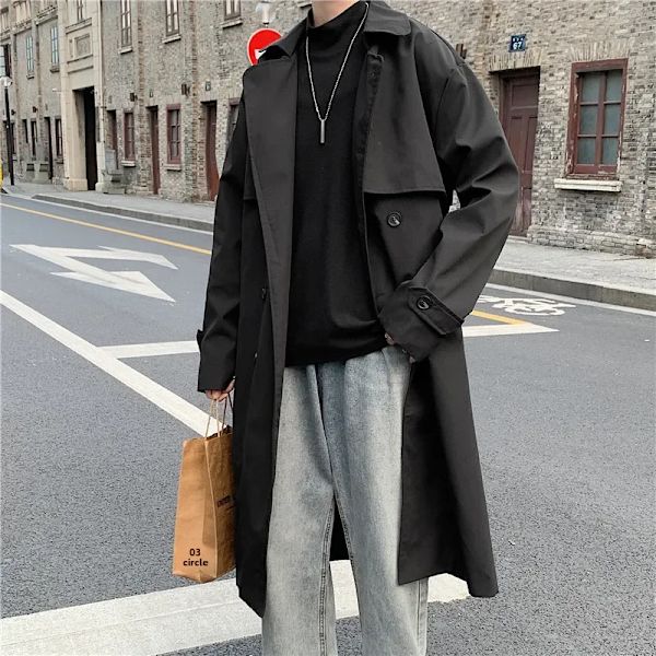 2023 Våren Høst Menn Løs-Fit Trench Rock Stilfull Hong Kong Stil Dobbeltradet Knepping Middels Lang Frakk Khaki XL