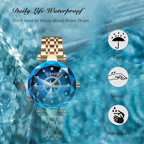 Klokker for kvinner Analogt kvartsur med rustfritt stålreim Vanntette dameklokker Mote Rhinestone armbåndsur for damer jenter Blå Blue