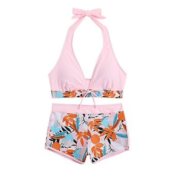 Kvinnors Vadderad Bikini Set med Lövmönster, Halterneck-BH, Knyttop, Hög Midja, Pojkshorts, Baddräkt, Sommarstrandkläder (3XL Ljusrosa)