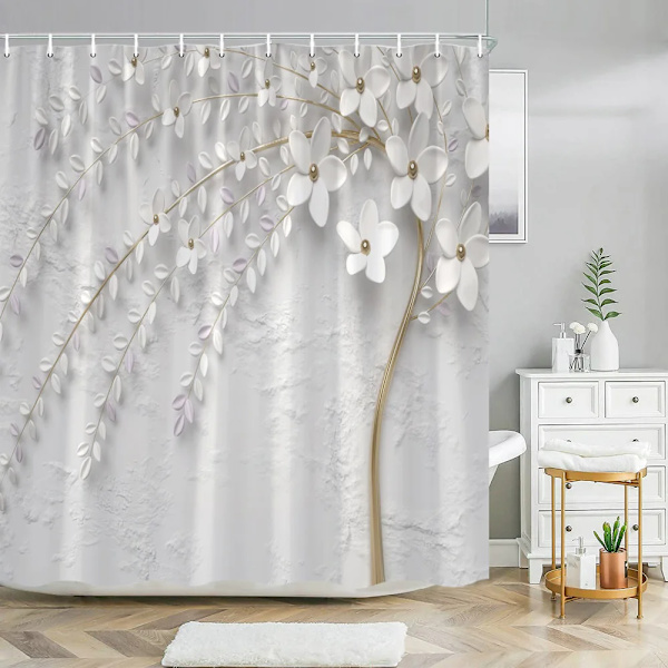 Elegant og fashionabel fantasipærler og diamanter Buket 3D-stil bruseforhæng med bademåttesæt Hjem badeværelsesindretning 3140SD -forhæng W150xH180cm