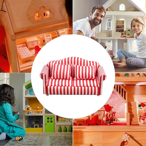 Nukkekodin sohva ja nojatuolisetti - 1:12 mittakaava Punainen ja valkoinen raidallinen miniatyyrihuonekalulelu RED double sofa