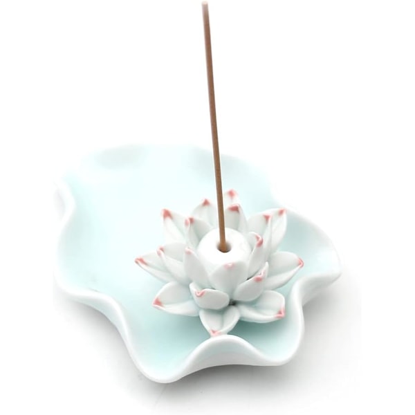 Røgelsesholder Keramik Håndlavet Kunstnerisk Røgelsesholder Brænder Pind Spole Lotus Askeopsamler Buddhistisk Åkandebakke (Lyseblå)