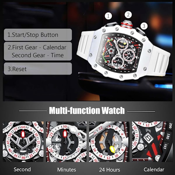 Mænds Tonneau Ur Analog Kvarts Multifunktionel Chronograf Moderigtig 5 ATM Vandafvisende Armbåndsur med Silikonrem Hvid White
