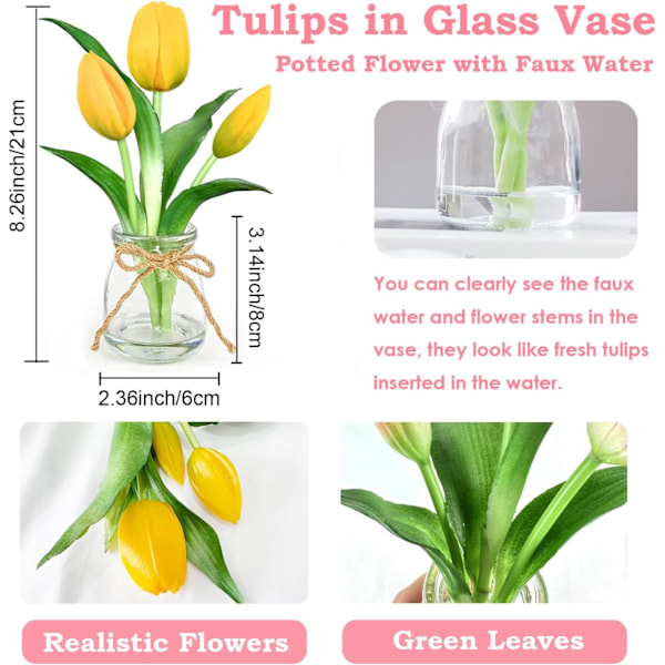 Gule Tulipaner i Glasvase med Kunstigt Vand, Ægte Touch Blomster til Kontor og Bryllupsdekoration Yellow