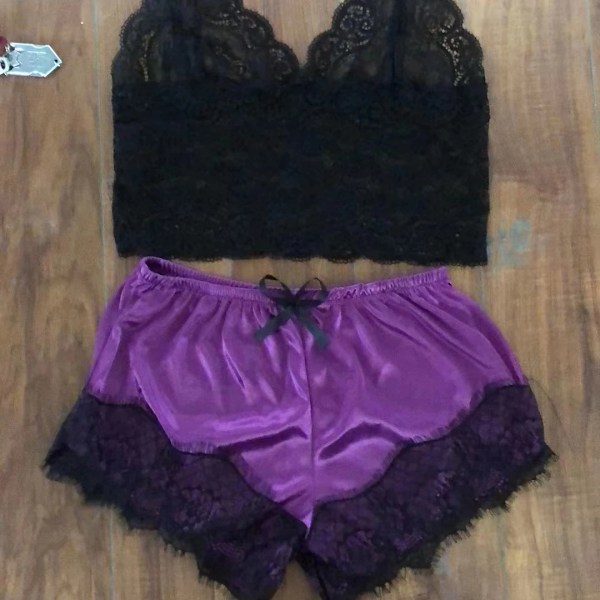 Sexy Pyjamas för Kvinnor 2 Bitar Topp Shorts Set Nattkläder Kläder Spets Pyjamas Underkläder Underkläder Underkläder Lila S