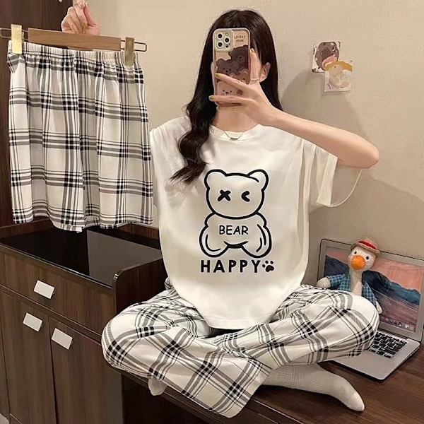 Kvinnors Nya Pyjamas Tre-Stycken Kvinna Sommaren Kortärmade Lös Koreanska Versionen Av Eleverna Stor Stora Stora Bär Pyjamas I Hemmet Blue 40-70kg