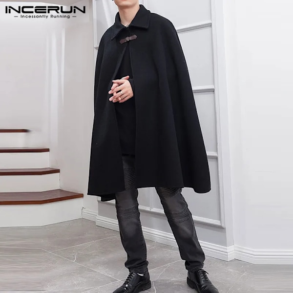 Incerun Mode Miesten Takki Takit Lapel Kiinteä Väri Yksi Nappi Cape Trench Streetwear 2023 Casual Mies Yli Takit Po S-5Xl Musta XL