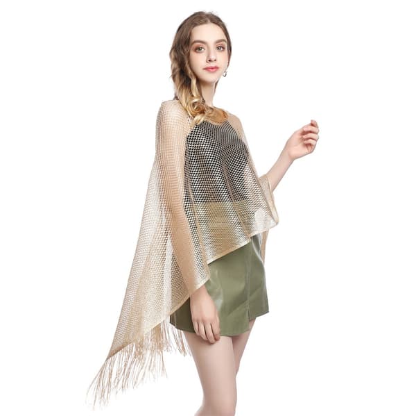 Sommerponcho for kvinner med solbeskyttelse og pomponger, lys gullglitrende