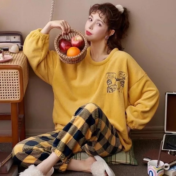 Grænseoverskridende efterår vinter flannel fortykket kvinders søde tegneserie casual langærmet pullover pyjamas sæt hjemmetøj ins 13,6 pink bolde XXL
