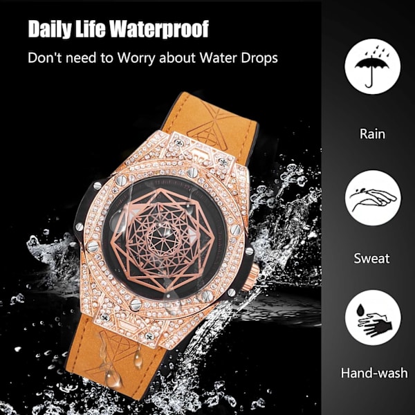 Fuld Diamant Ure Ure Elegant Kvarts Armbåndsur Kreativ Analog Mænds Ure Mode Rustfrit Stål Mænds Ure med Læderrem Brun B Brown B